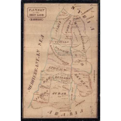 1146 - A 19th c map of Canaan - The Holy Land by C Gibson, pen and ink with wash, 36 x 23cm and a fretwork ... 