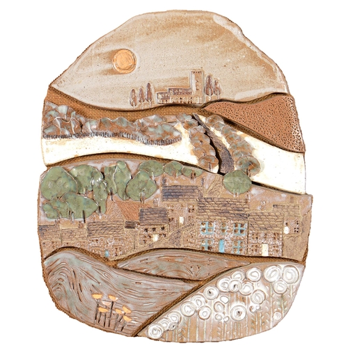 1147 - Valerie Jackson (20th c) - Flint Cottages at Salthouse, stoneware relief back on hessian, circa 42 x... 