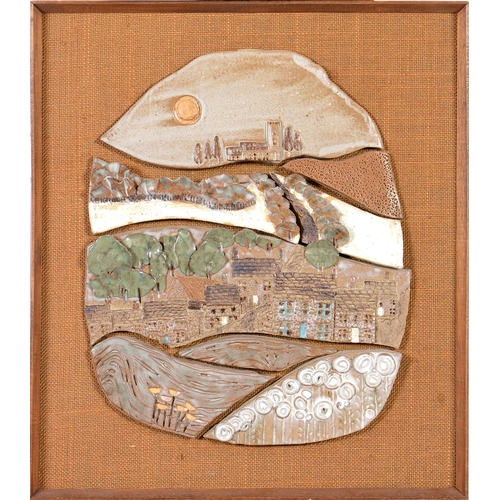 1147 - Valerie Jackson (20th c) - Flint Cottages at Salthouse, stoneware relief back on hessian, circa 42 x... 