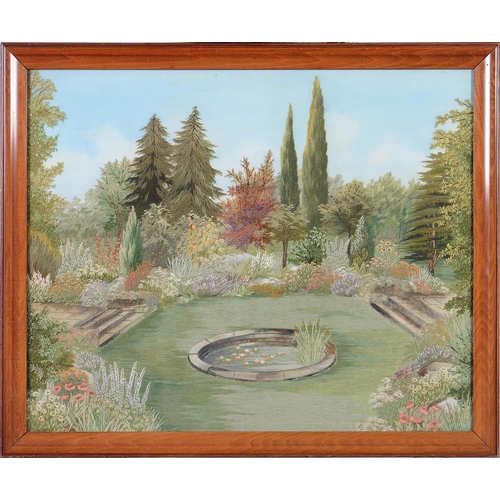 1148 - An embroidered silk and wool picture of a garden, 49 x 60cm and two others, smaller (3)... 