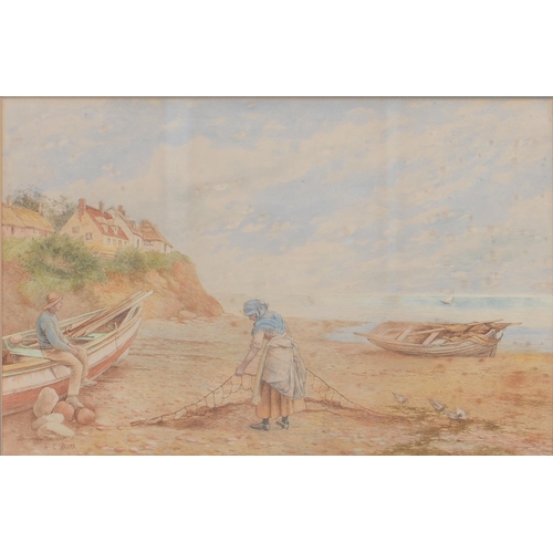 1152 - K E Booth (early 20th c) - Spreading the Net, signed and inscribed, watercolour, 33 x 51cm and E Lew... 