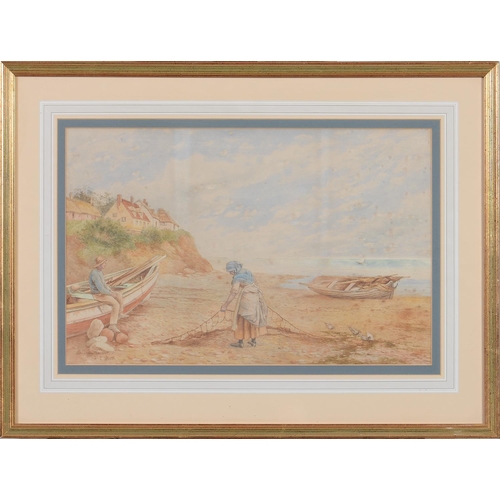 1152 - K E Booth (early 20th c) - Spreading the Net, signed and inscribed, watercolour, 33 x 51cm and E Lew... 