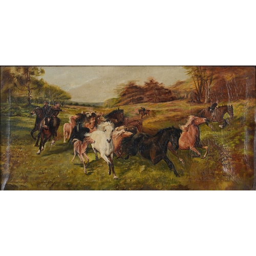 1155 - Follower of Rosa Bonheur - Rounding up the Horses, oil on canvas, 29.5 x 59.5  and a painting of the... 