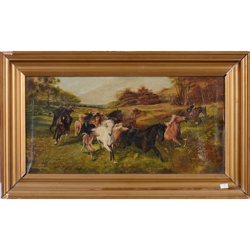 1155 - Follower of Rosa Bonheur - Rounding up the Horses, oil on canvas, 29.5 x 59.5  and a painting of the... 