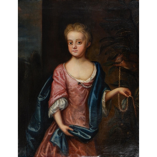 1159 - English School, early 18th c - Portrait of Dame Alice Barker, three quarter length in a red dress wi... 