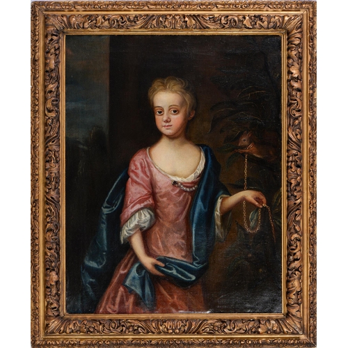 1159 - English School, early 18th c - Portrait of Dame Alice Barker, three quarter length in a red dress wi... 