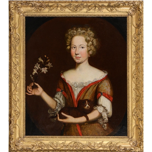 1160 - English School, late 17th c - Portrait of Marthe de Beauvoir, half length in a red trimmed and gold ... 