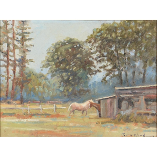 1163 - Terry Ward (20th / 21st c) - Horses in a Field, signed, oil on board, 14 x 19cm