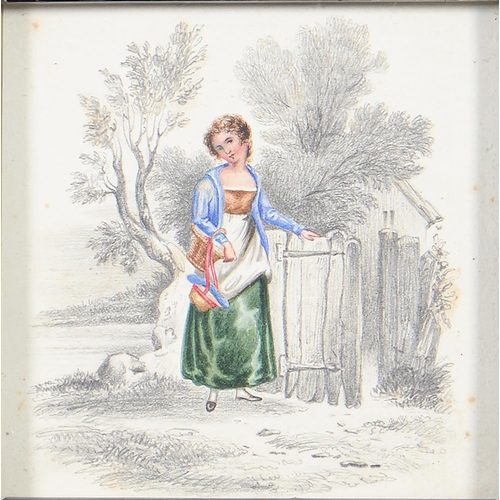 1167 - English School, early 19th c - The Milkmaid; The Cottage Gate, a pair, watercolour, 10 x 10cm, eboni... 