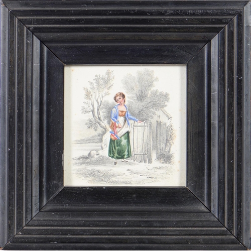 1167 - English School, early 19th c - The Milkmaid; The Cottage Gate, a pair, watercolour, 10 x 10cm, eboni... 