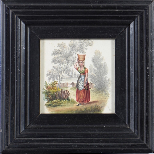 1167 - English School, early 19th c - The Milkmaid; The Cottage Gate, a pair, watercolour, 10 x 10cm, eboni... 