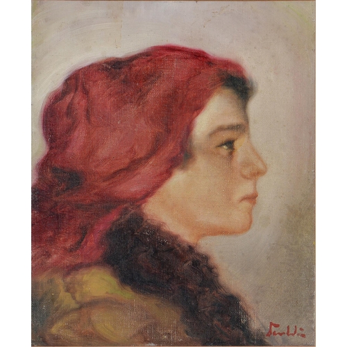 1184 - European School, 20th c - The Red Scarf, indistinctly signed, oil on canvas laid on board, 31 x 25.5... 