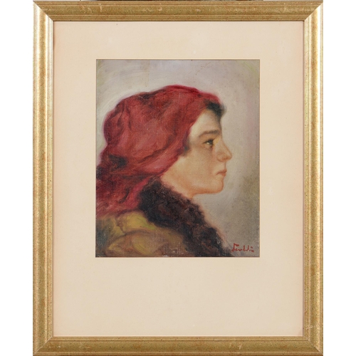 1184 - European School, 20th c - The Red Scarf, indistinctly signed, oil on canvas laid on board, 31 x 25.5... 