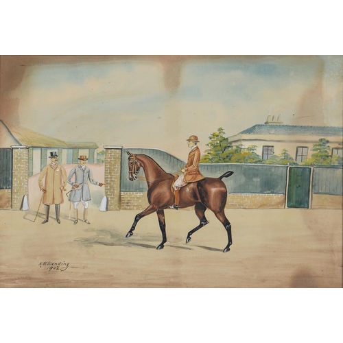 1202 - British Naive Artist, 1902 - Gentleman Admiring a Horse, signed H W Standing and dated, watercolour,... 