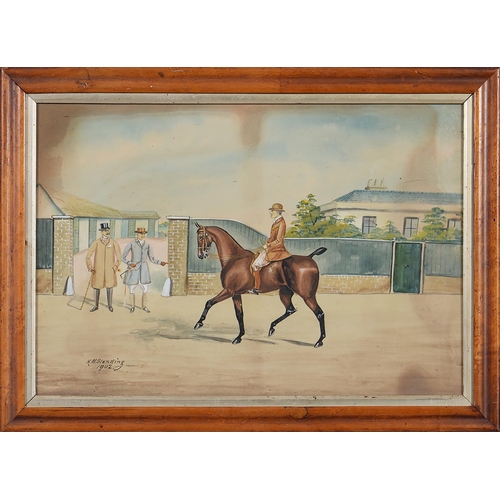 1202 - British Naive Artist, 1902 - Gentleman Admiring a Horse, signed H W Standing and dated, watercolour,... 