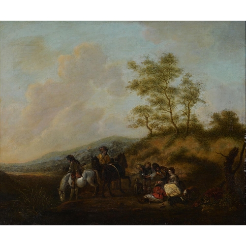 1203 - Follower of Philips Wouwerman - Cavaliers and a Woman in a Landscape, oil on canvas, 46.5 x 56cm, pa... 