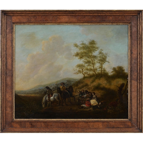 1203 - Follower of Philips Wouwerman - Cavaliers and a Woman in a Landscape, oil on canvas, 46.5 x 56cm, pa... 