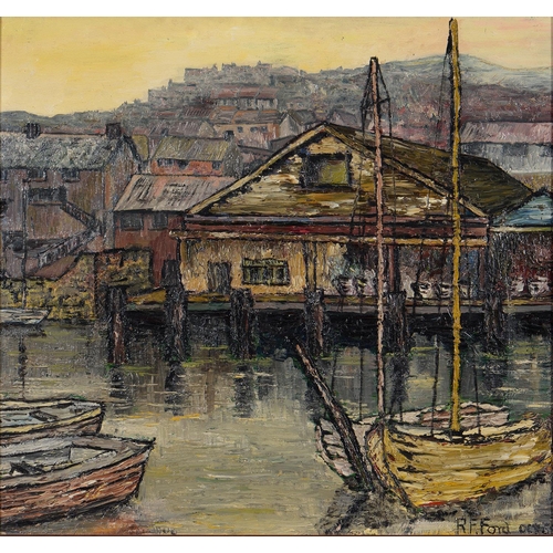 1205 - British School, 1969 - Boats in a Harbour, signed R F Ford and dated, oil on board, 60 x 63.5cm... 