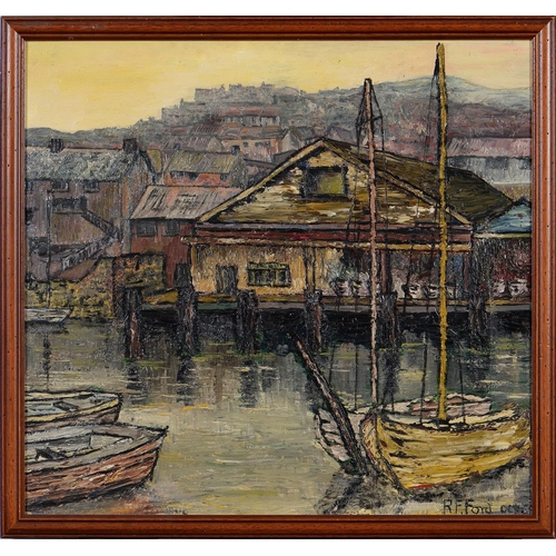 1205 - British School, 1969 - Boats in a Harbour, signed R F Ford and dated, oil on board, 60 x 63.5cm... 