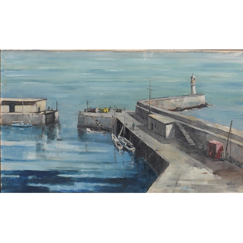 1207 - British School, 20th c - Harbour Scene, signed Widdup, oil on canvas board, 44 x 75cm... 