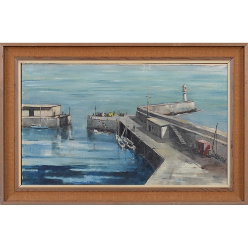 1207 - British School, 20th c - Harbour Scene, signed Widdup, oil on canvas board, 44 x 75cm... 