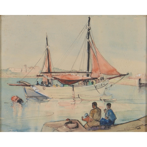 1212 - 20th c School - Harbour Scene, indistinctly signed, pen, ink and watercolour, 24.5 x 31cm... 