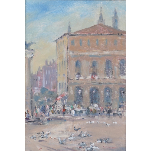 1216 - 20th C School - Pigeons in an Italian Square, indistinctly signed, oil on board, 28 x 19cm... 