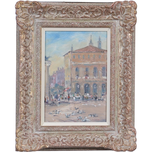 1216 - 20th C School - Pigeons in an Italian Square, indistinctly signed, oil on board, 28 x 19cm... 