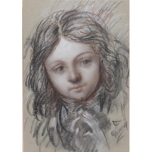 1218 - Thomas O'Donnell (1944-2020) - Head of a Girl, signed, white, black and red chalk on light grey pape... 