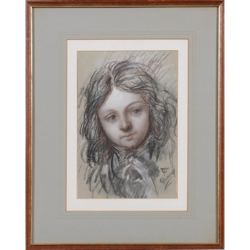 1218 - Thomas O'Donnell (1944-2020) - Head of a Girl, signed, white, black and red chalk on light grey pape... 