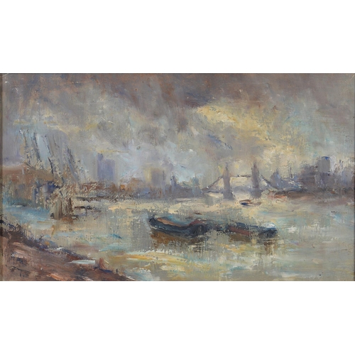 1222 - English School, 20th c - Tower Bridge; London Docks, two, oil on board, 28.5 x 47cm and 30 x 40cm (2... 