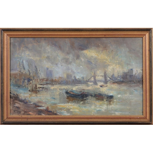 1222 - English School, 20th c - Tower Bridge; London Docks, two, oil on board, 28.5 x 47cm and 30 x 40cm (2... 