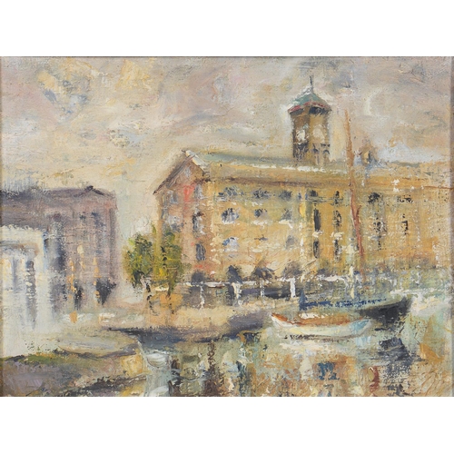 1222 - English School, 20th c - Tower Bridge; London Docks, two, oil on board, 28.5 x 47cm and 30 x 40cm (2... 