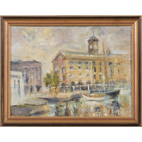 1222 - English School, 20th c - Tower Bridge; London Docks, two, oil on board, 28.5 x 47cm and 30 x 40cm (2... 