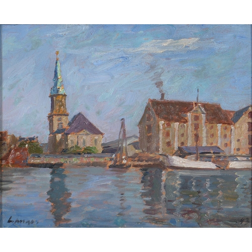 1226 - Frederik Lange (1870-1941) - A Quayside Church, signed and dated 1932, signed and dated again and in... 