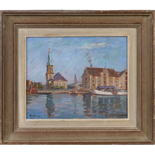 1226 - Frederik Lange (1870-1941) - A Quayside Church, signed and dated 1932, signed and dated again and in... 