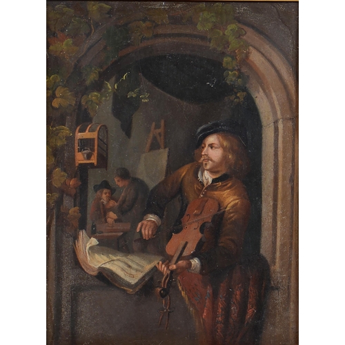 1229 - After Gerard Dou - Violin Player at a Window, oil on zinc, 20.5 x 15cm