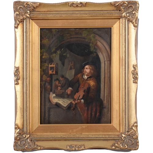 1229 - After Gerard Dou - Violin Player at a Window, oil on zinc, 20.5 x 15cm