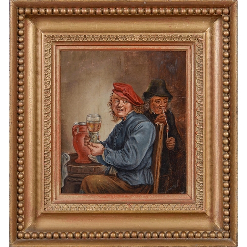 1230 - After David Teniers the Younger - A Man Holding a Glass and an Old Woman Lighting a Pipe, oil on boa... 