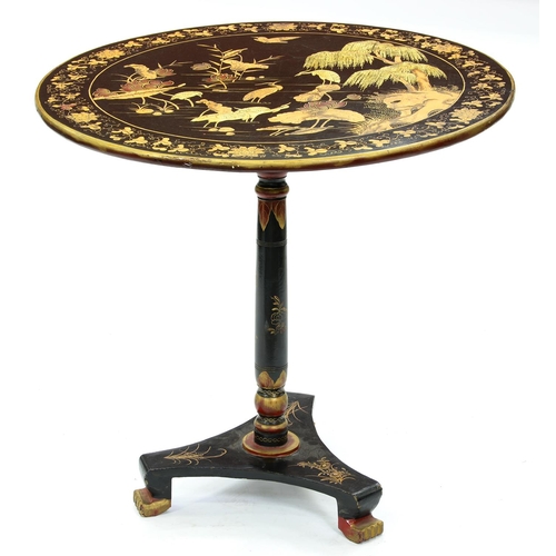 1245 - A Chinese black and gold export lacquer pedestal table, 19th c, the round top decorated with birds i... 