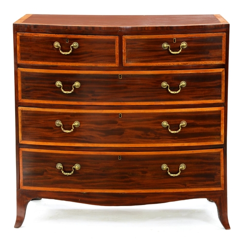 1260 - A Regency mahogany bow front chest of drawers, outlined throughout with satinwood crossbands, boxwoo... 