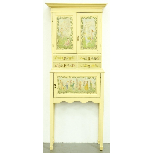 1262 - A painted cupboard on stand, 20th c, flared cornice above a pair of panelled doors painted with chil... 