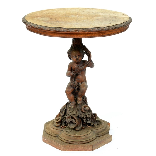 1264 - A Victorian oak pedestal table, the quartered burr walnut veneered round top supported by a seated c... 