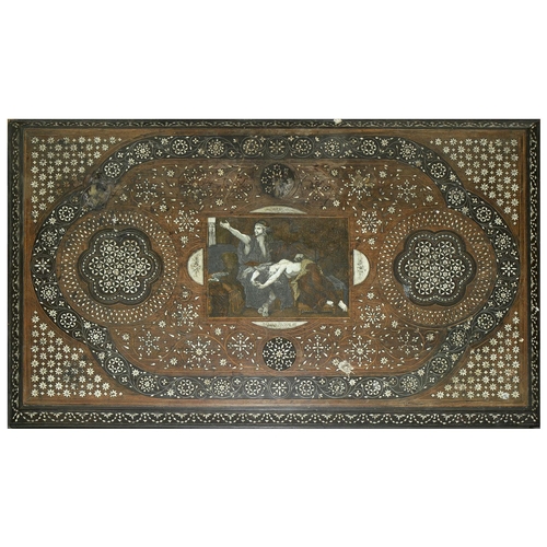 1268 - An Italian walnut, ebony and ivory inlaid and penwork decorated table, Milanese, late 19th c, the re... 