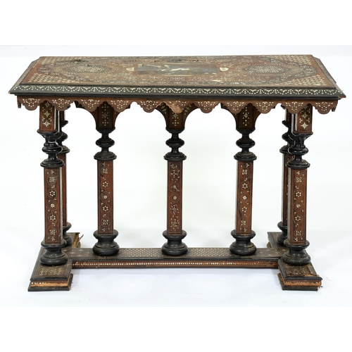 1268 - An Italian walnut, ebony and ivory inlaid and penwork decorated table, Milanese, late 19th c, the re... 