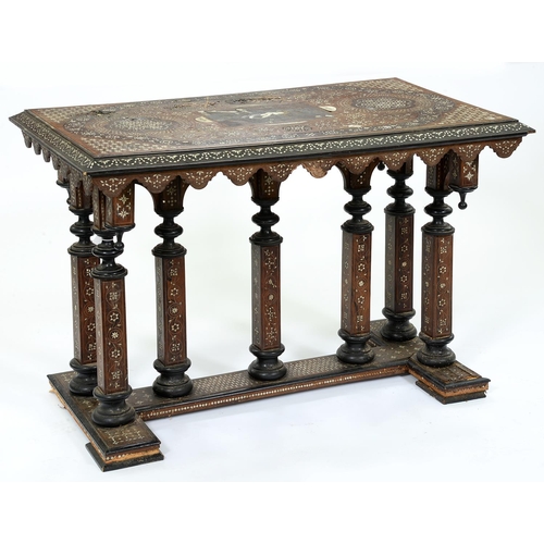 1268 - An Italian walnut, ebony and ivory inlaid and penwork decorated table, Milanese, late 19th c, the re... 