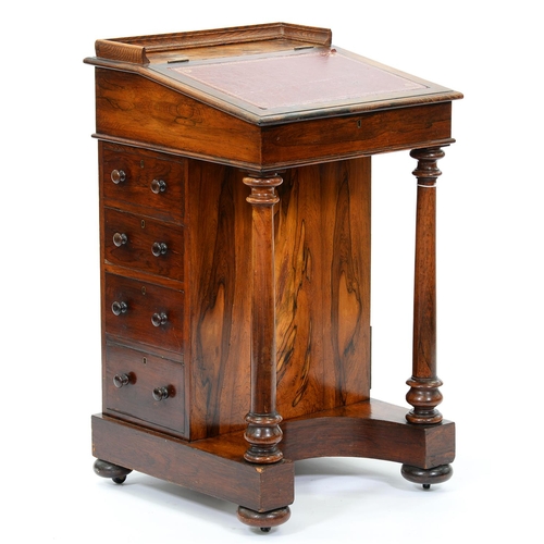 1271 - A Victorian rosewood davenport,  with three quarter gallery, the lid inset with gilt tooled red leat... 