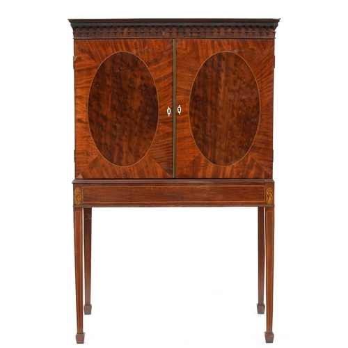 1275 - A George III mahogany collector's cabinet, crossbanded and line inlaid, with pear drop frieze and fi... 