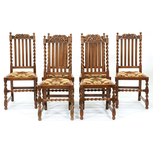 1276 - A set of six oak dining chairs,  early 20th c, the S-scroll cresting rails above five vertical rails... 