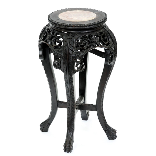 1285 - A Chinese hardwood jardiniere stand, the circular top with beaded rim, inset rosso marble centre, fo... 